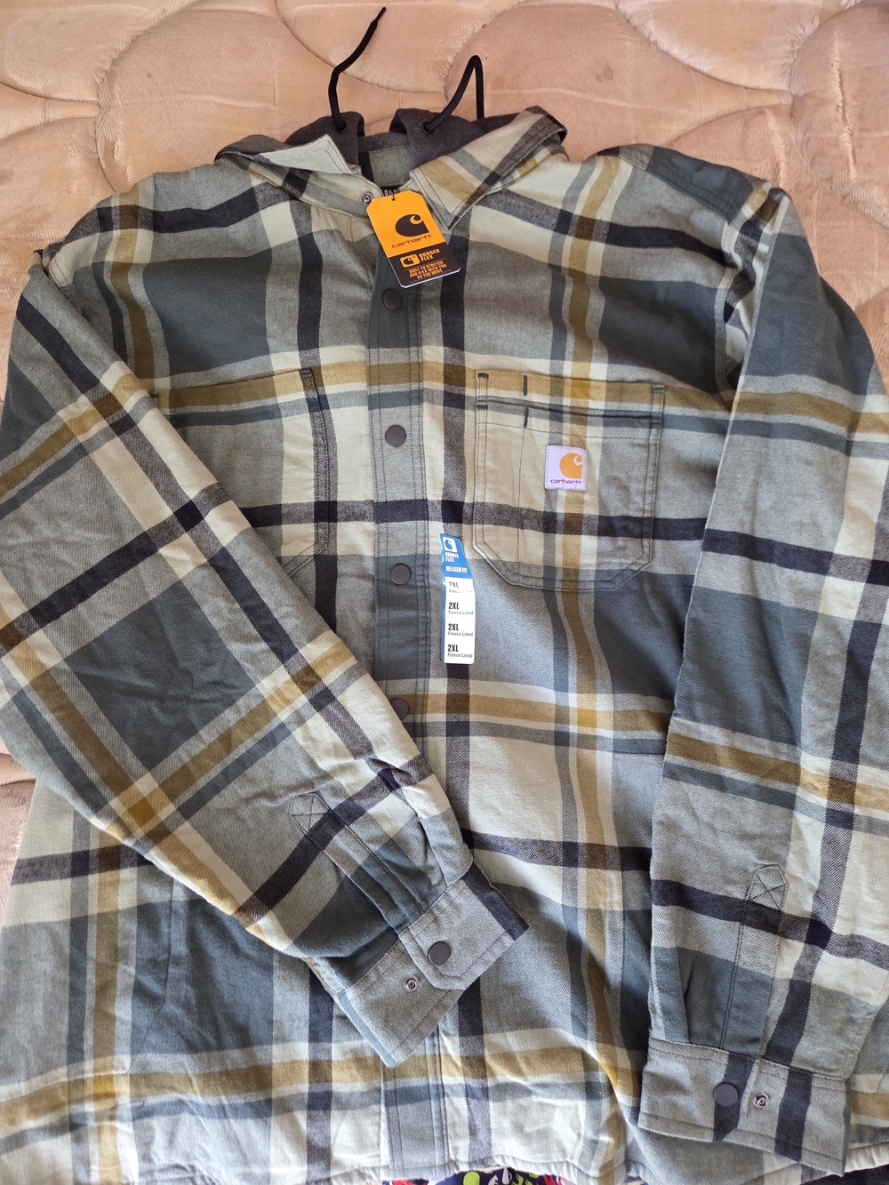 Carhartt Fleece Lined Olive, Tan & Black Plaid Hooded Flannel Jacket